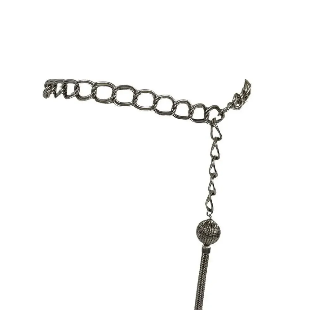 VTG Retro Silver Belt Metal Link Chain Belt Tassel Charm